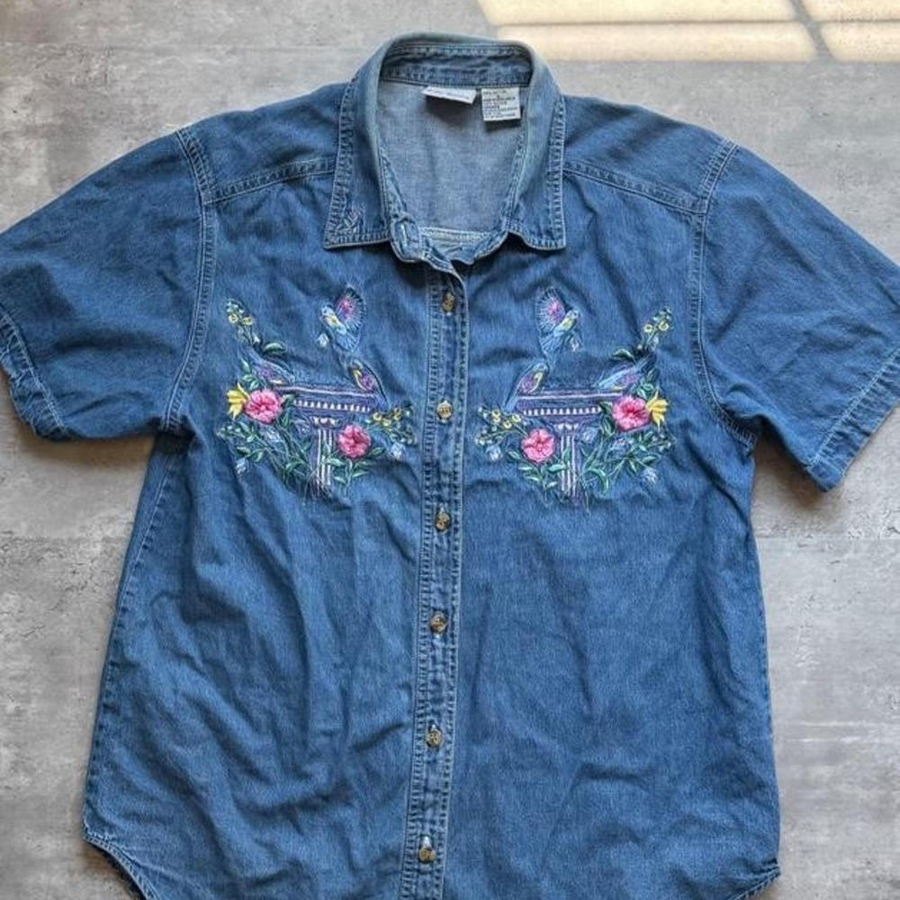 Bobbie Brooks Vintage 90s Embroidered Floral Bird Cotton Denim Shirt Blue Large